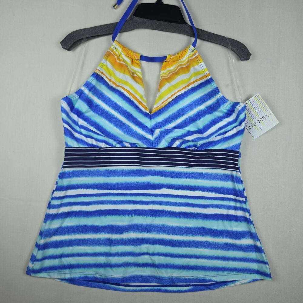 24th & Ocean Women's XL Ocean High Neck Keyhole Tankini Top Blue Stripe NWT